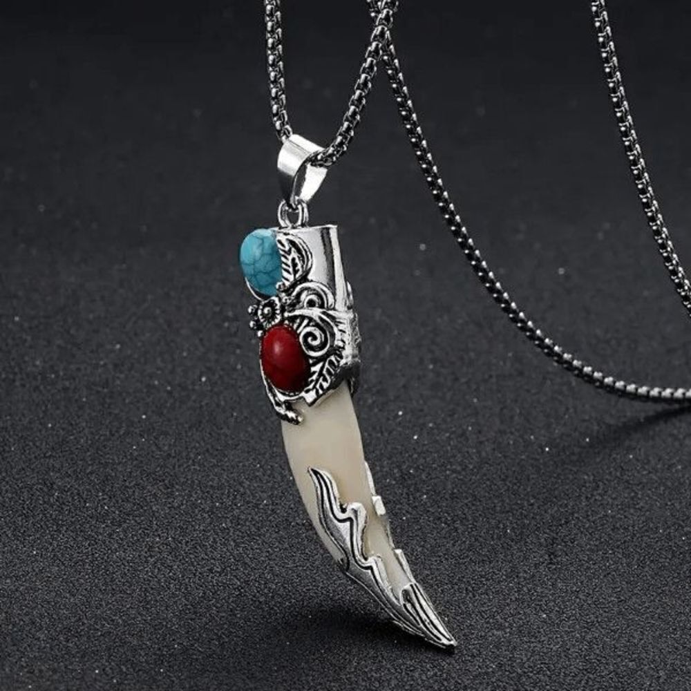Titanium Steel Turquoise Red Coral Tribal Wolf Tooth Pendant Necklace